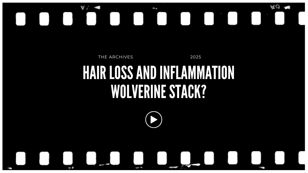 Video thumbnail with a black background, white text, and film strip borders reading 'The Archives 2025 Hair Loss and Inflammation Wolverine Stack?'
