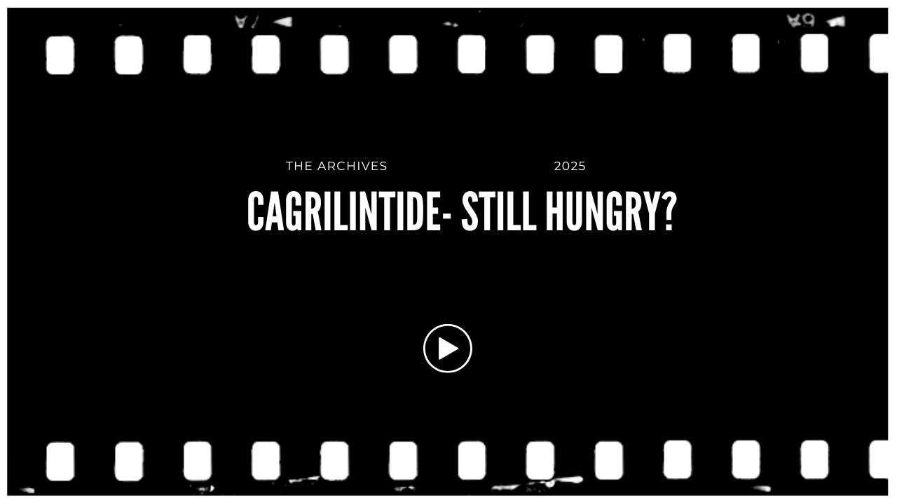 A black screen with white text displaying "The Archives 2025 CagrIntensity- Still Hungry?" and a play button in the center, surrounded by a film strip border.