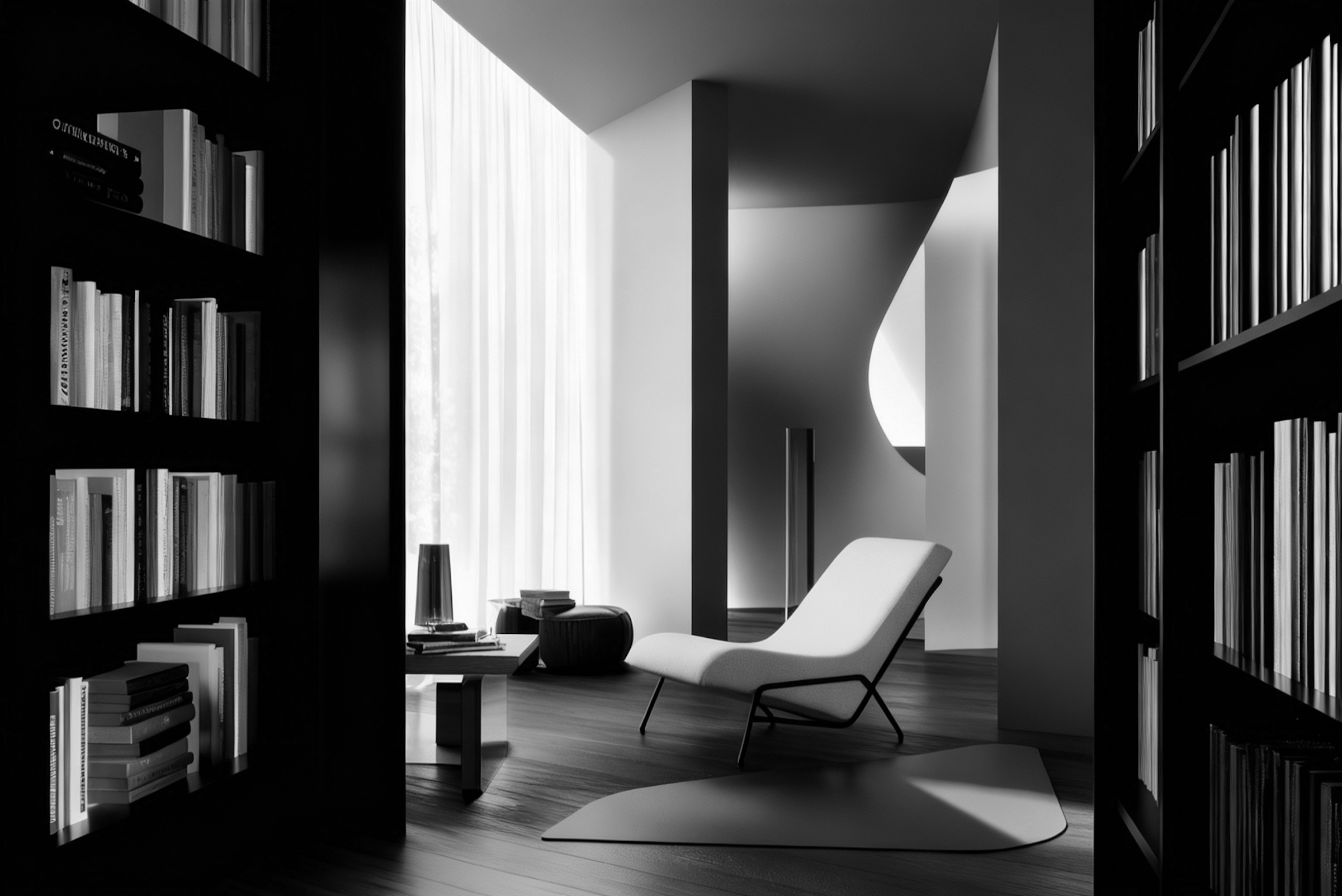 Modern, minimalist living room with white lounge chair, side table, bookshelves, and large windows with sheer curtains in black and white photo.