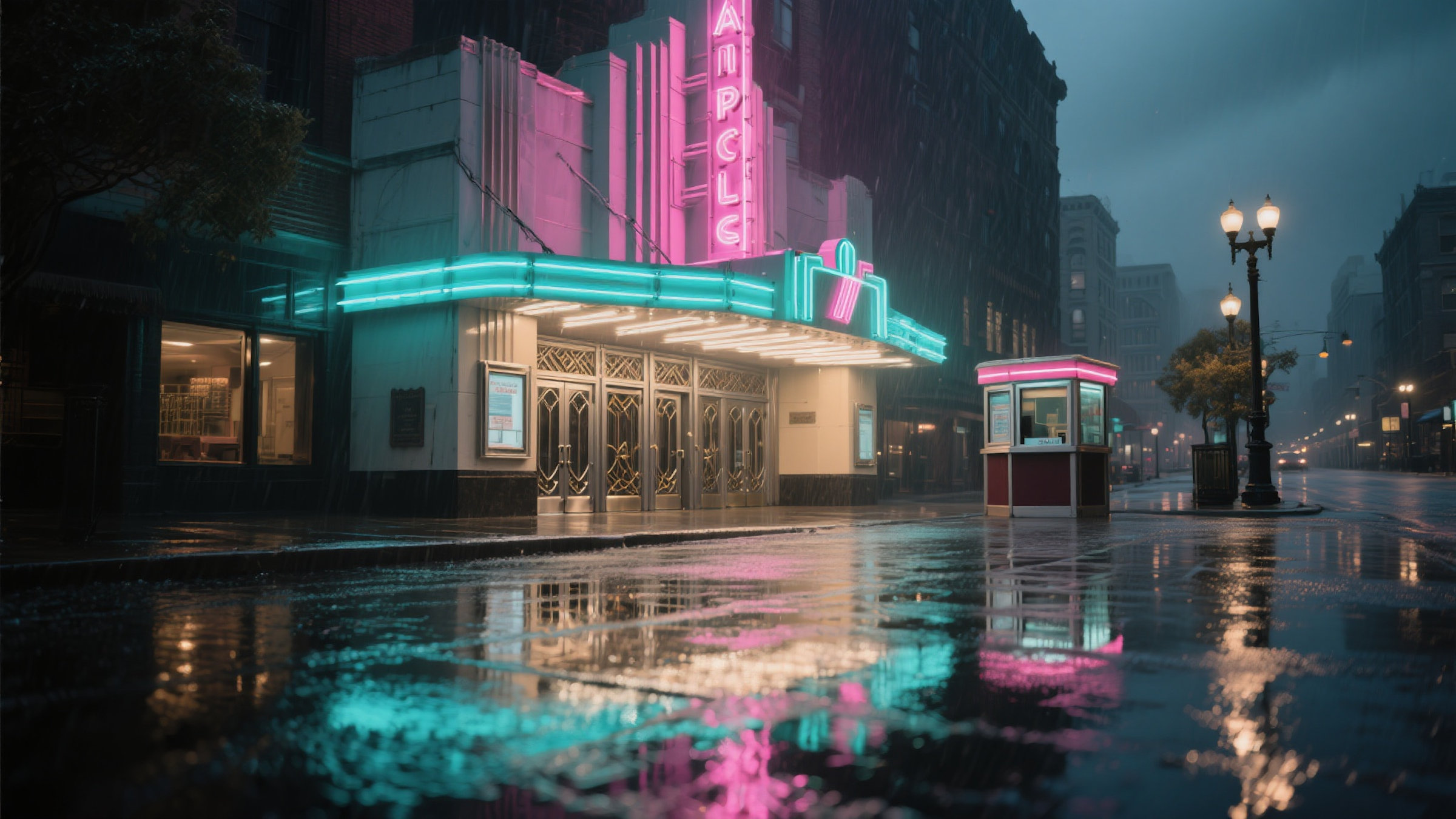A neon-lit theater entrance on a rainy night with reflections on the wet street, including pink and teal neon signs reading 'The Palace' and an illuminated marquee.