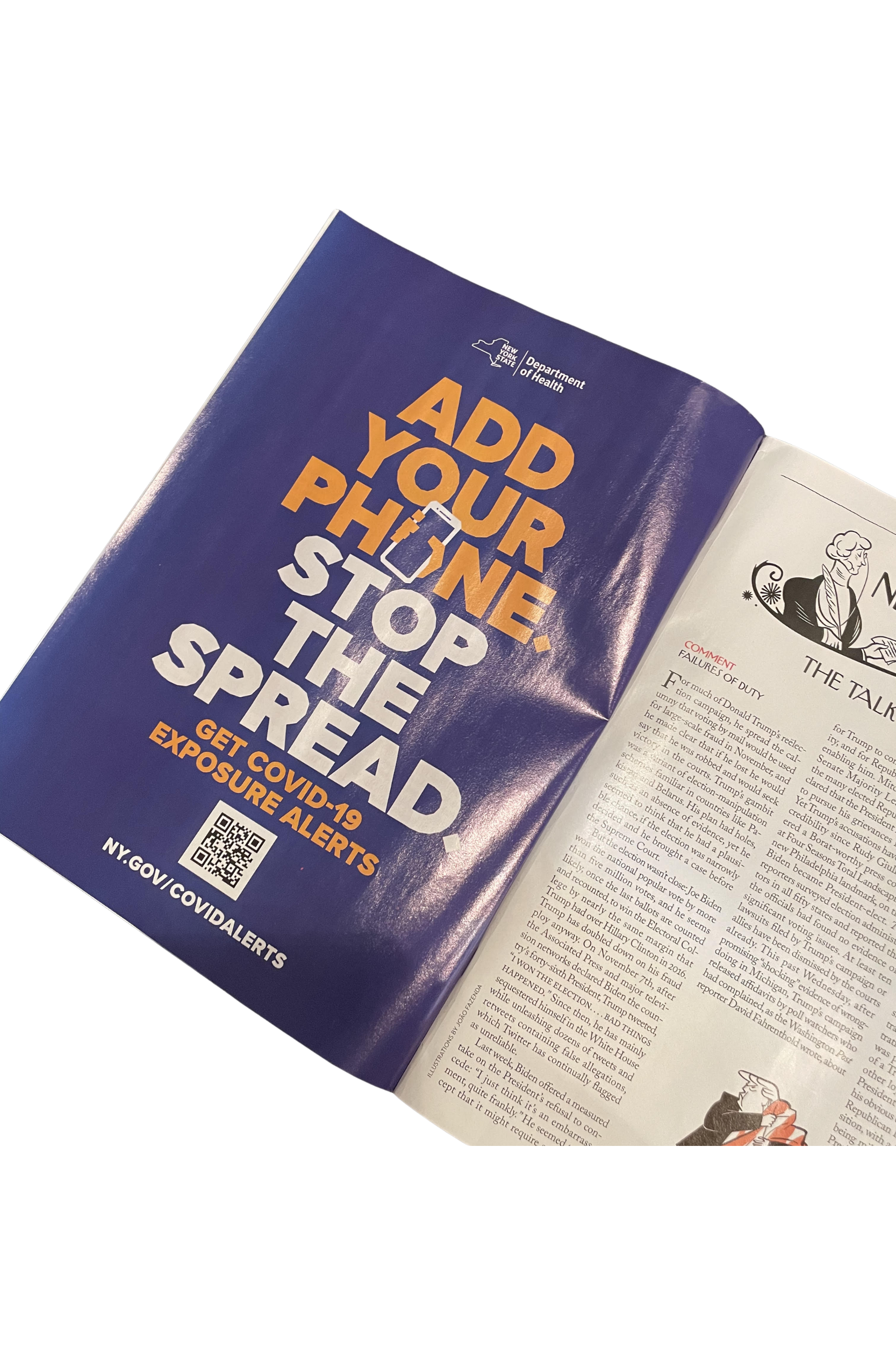 Blue pamphlet with bold orange and white text reading 'Add Your Phone. Stop the Spread. Get Covid-19 Exposure Alerts' and a QR code, associated with New York State Department of Health.