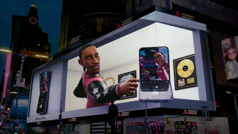 "3D anthropomorphic billboard in Times Square featuring Ludacris for Samsung Galaxy foldable campaign"