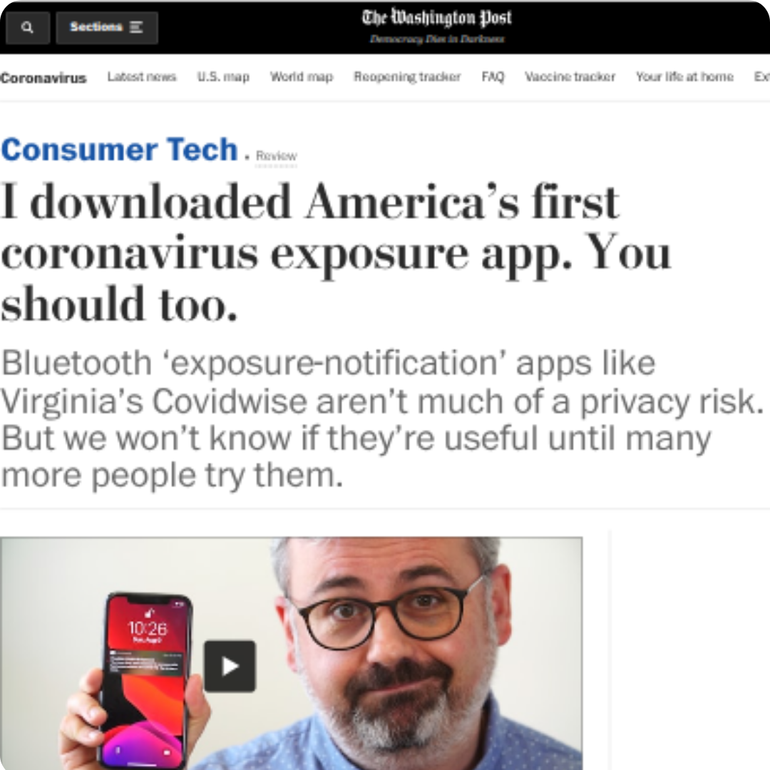 Washington Post article highlighting the first Exposure Notification app in the US
