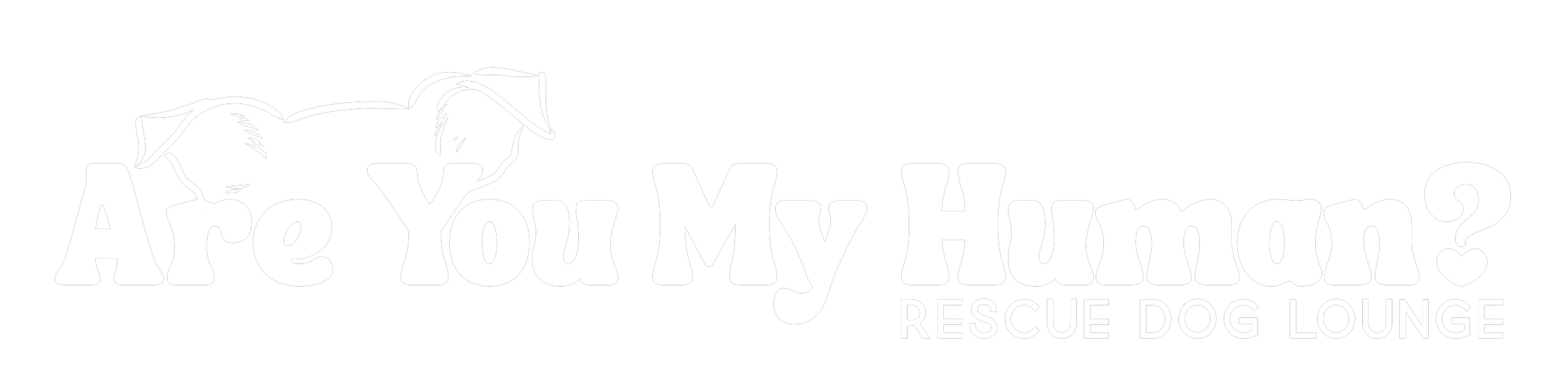 Black and white logo for Are You My Human? Rescue Dog Lounge with a cartoon dog face above the text.