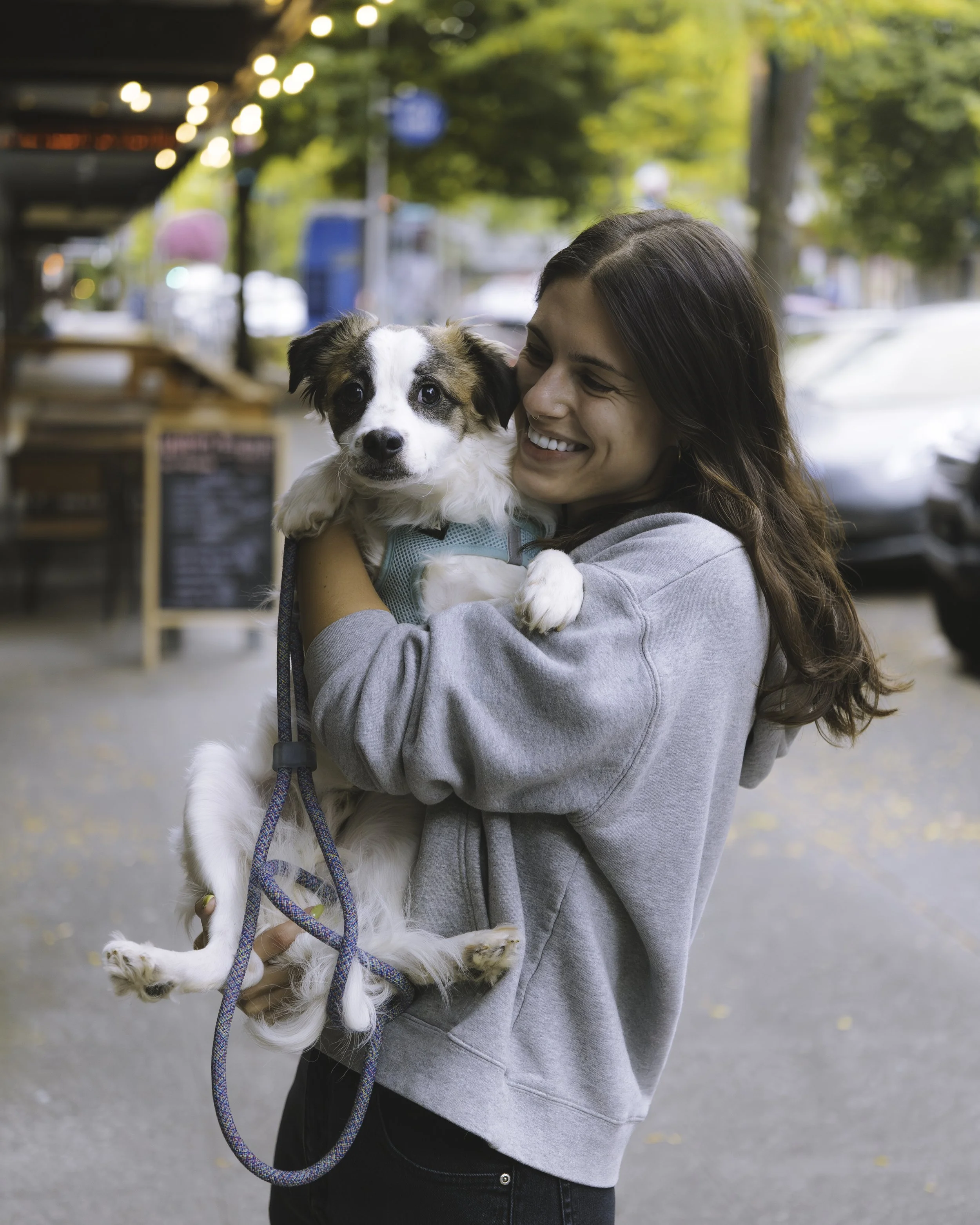 Woman with dark hair holding a brown dachshund in a field of yellow and purple flowers, with blurred trees and sunlight in the background.