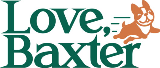 Text reading 'Love, Baxter' with a silhouette of a dog in the upper right corner.