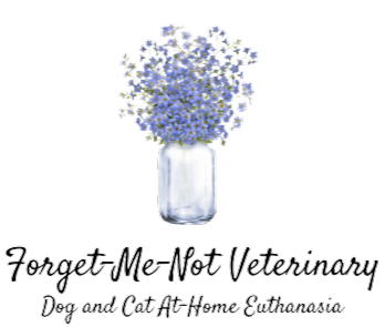 A bouquet of purple and white flowers in a white vase with the text 'Forget Me Not Veterinary' below it.