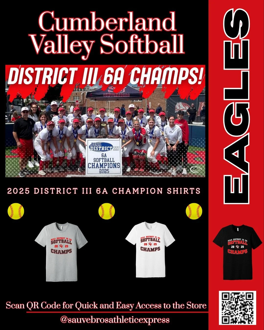 Congratulations to the Cumberland Valley softball team on a District III 6A championship!! Access the online store for T-Shirts to celebrate this great accomplishment through the QR link. Congrats again @cvhs_sb !!

#repost #like #share
