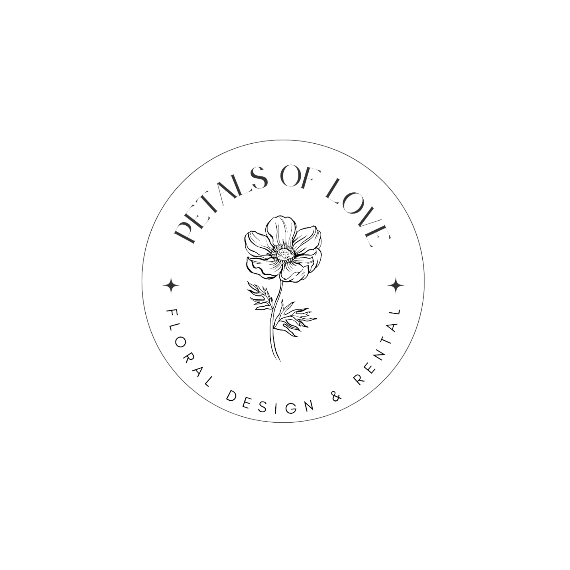 Circular logo for Petals of Love Floral Design & Rental featuring a hand-drawn flower at the center and the business name around the circumference.