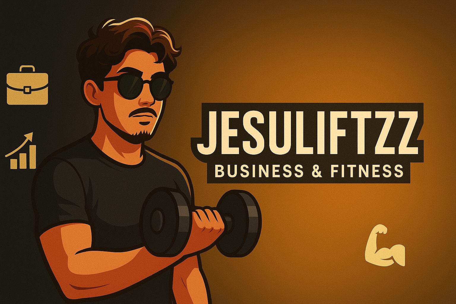 Cartoon illustration of a man with dark sunglasses and a goatee, holding a dumbbell, with text reading 'Jesuliftzz Business & Fitness' and icons of a briefcase, growth chart, and flexed arm.