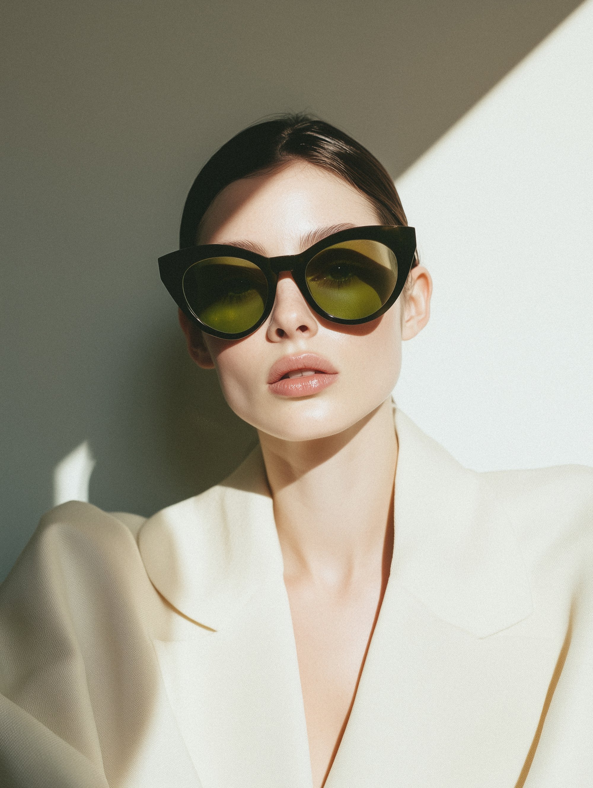 Fashionable woman wearing oversized black sunglasses and a white blazer, with a minimalist and modern style, posing against a light background.