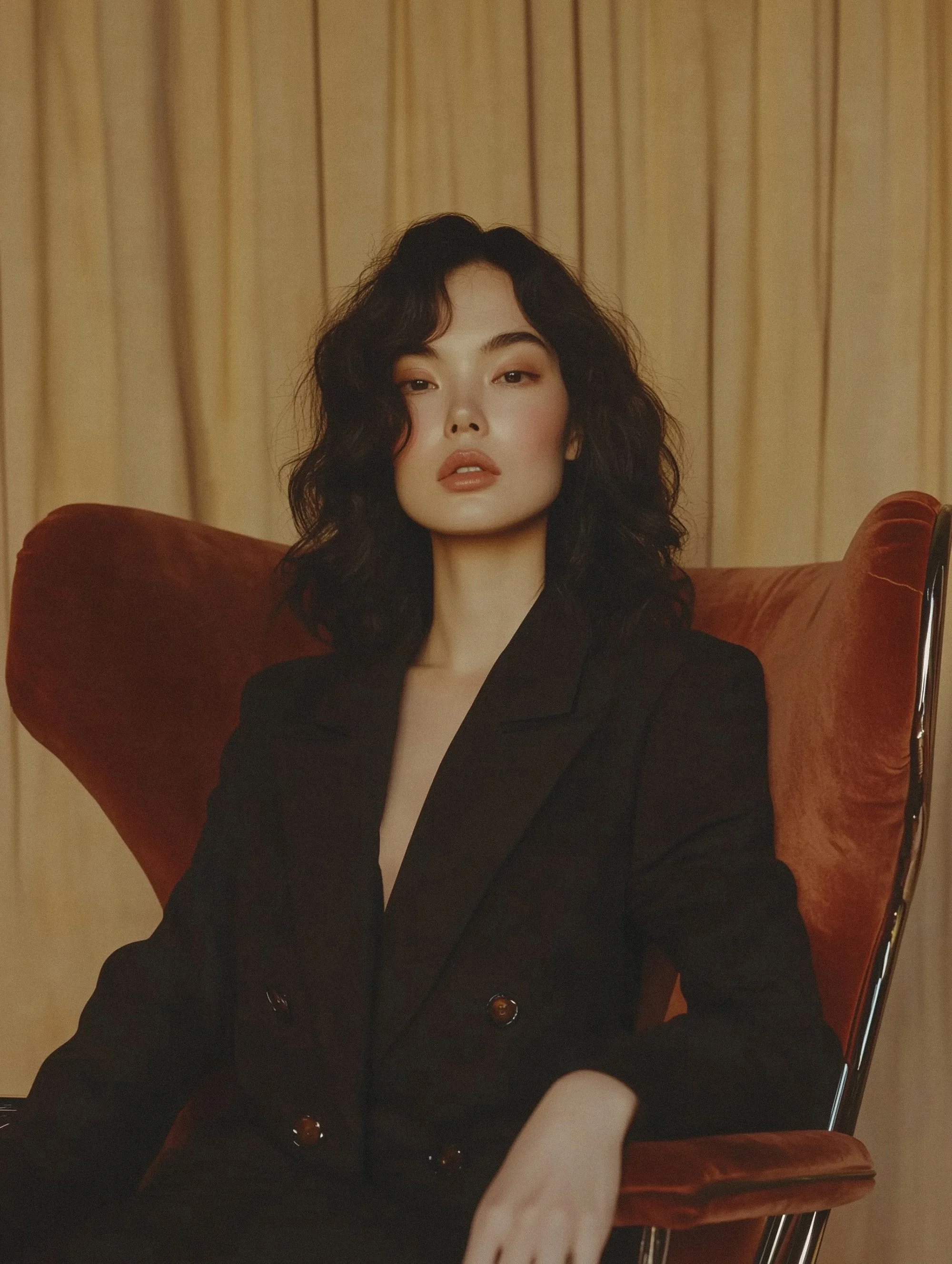 Person with dark, wavy hair wearing a black blazer sitting on a brown chair, with a draped curtain background.