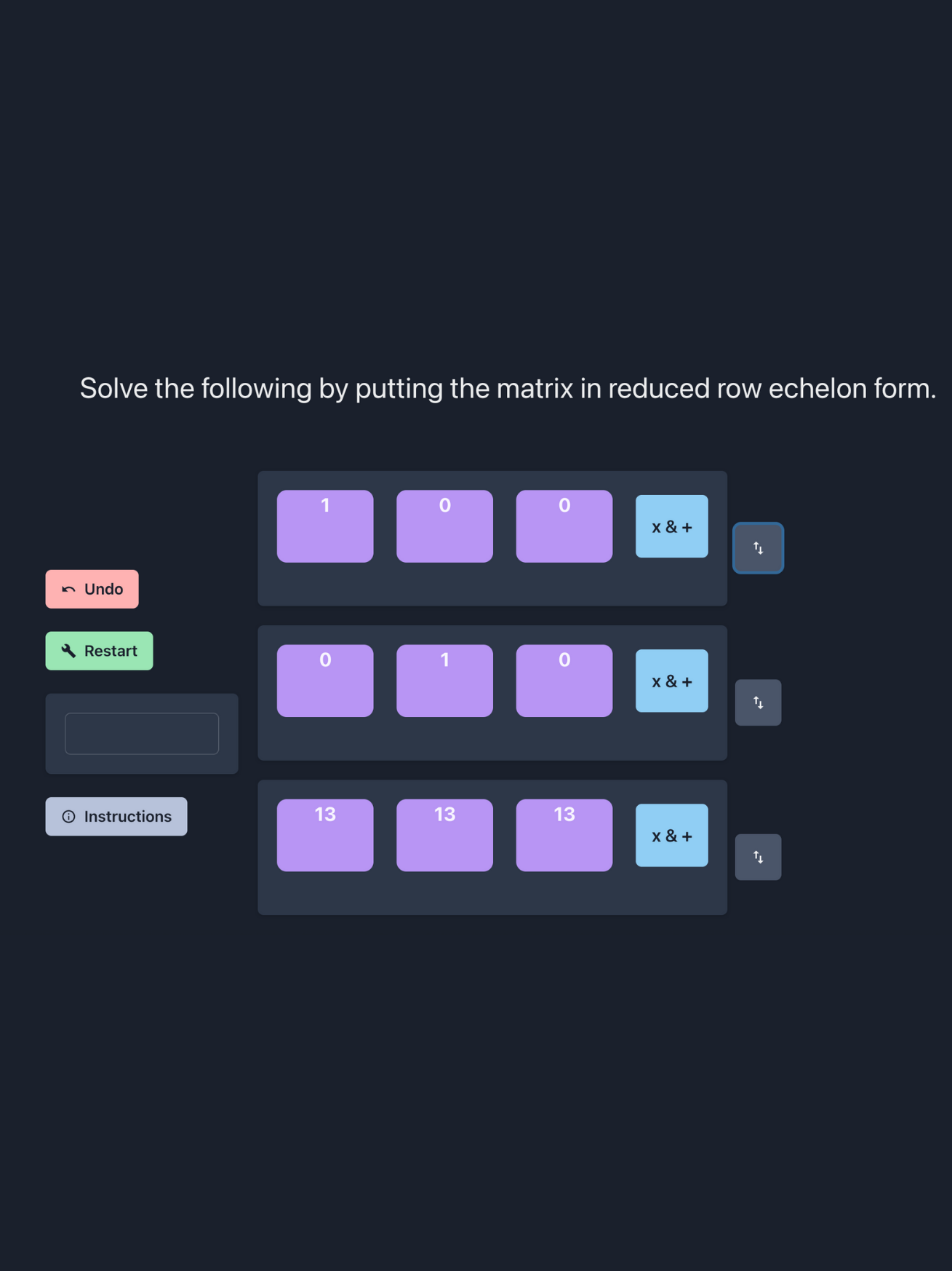A screenshot of an immersive exercise mini-app showing linear algebra matrix calculation students can complete in steps with options to undo, restart, and view instructions.