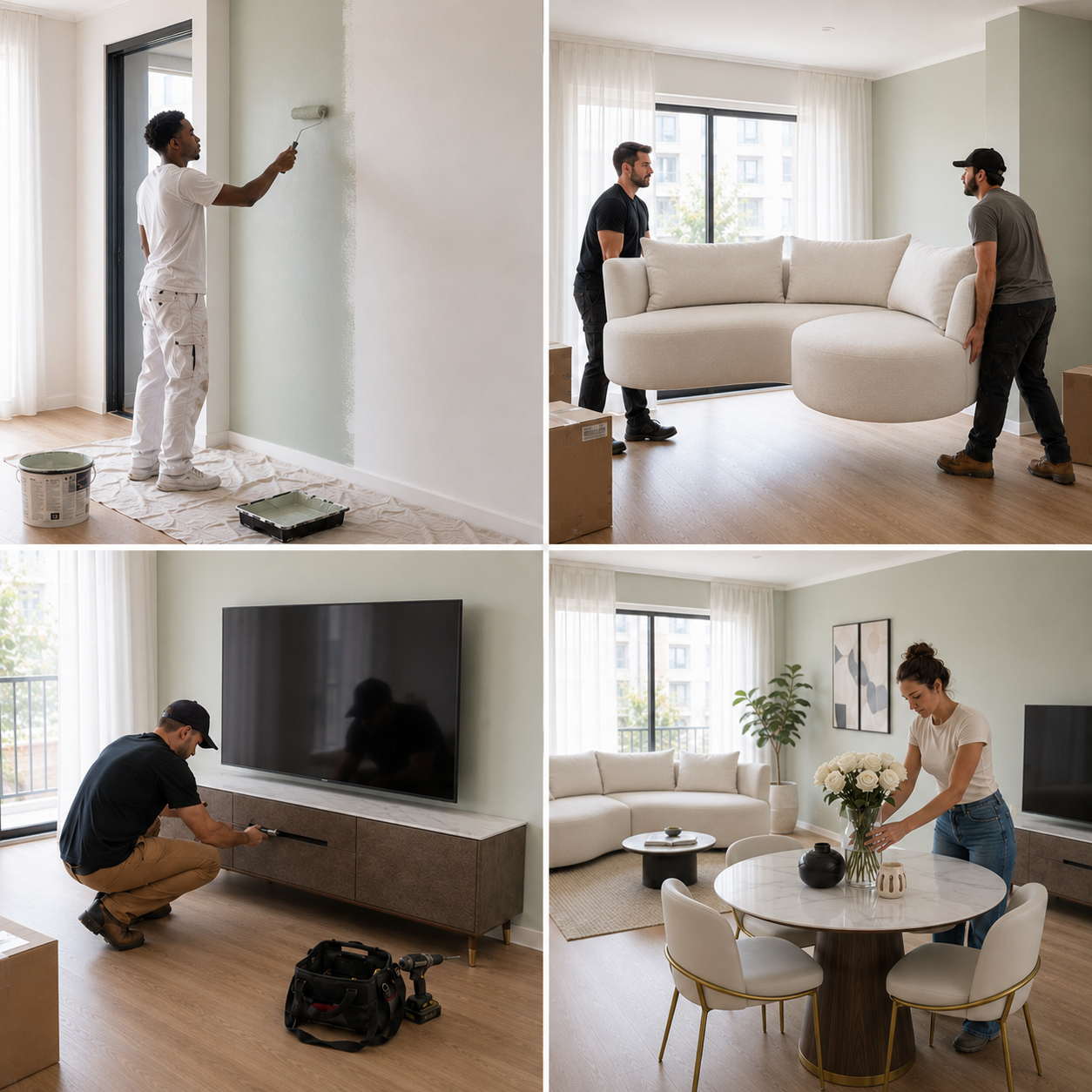 Quatre images montrant des personnes aménageant ou décorant un appartement. La première personne peint un mur en blanc ou vert pâle, la deuxième personne déplace un canapé en forme de demi-cercle, la troisième ajuste une télévision murale, et la quatrième personne arrange des fleurs sur une table dans le salon.