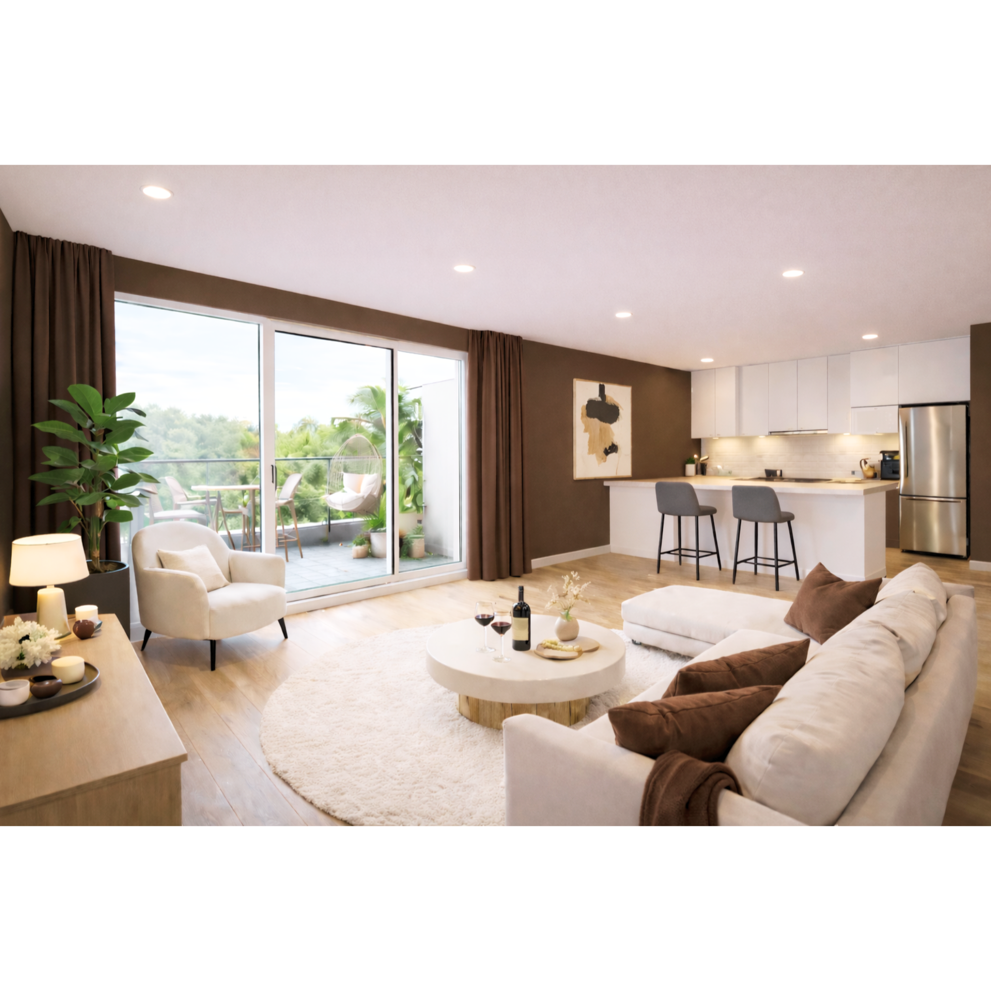 Salon moderne avec canapé blanc, fauteuil beige, table ronde avec deux verres de vin rouge, cuisine blanche avec bar et tabourets gris, grande fenêtre avec vue sur le jardin, plantes vertes et décoration contemporaine.