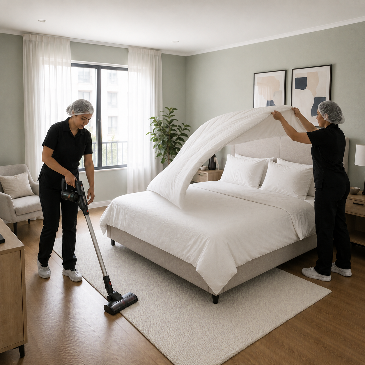 Deux femmes en uniformes de nettoyage portant des bonnets nettoient une chambre d'hôtel, une utilisant un aspirateur et l'autre remuant des draps sur un lit.