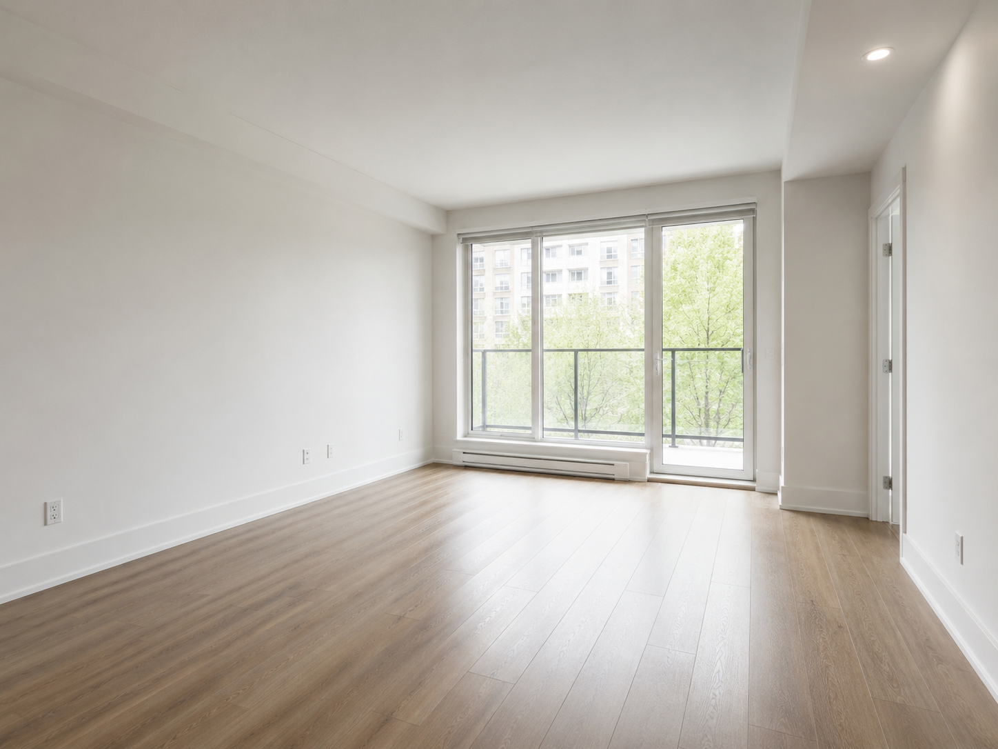 Appartement vide avec parquet clair, grande fenêtre donnant sur un balcon et vue sur un immeuble, murs blancs, plafond suspendu, éclairage intégré, porte blanche.