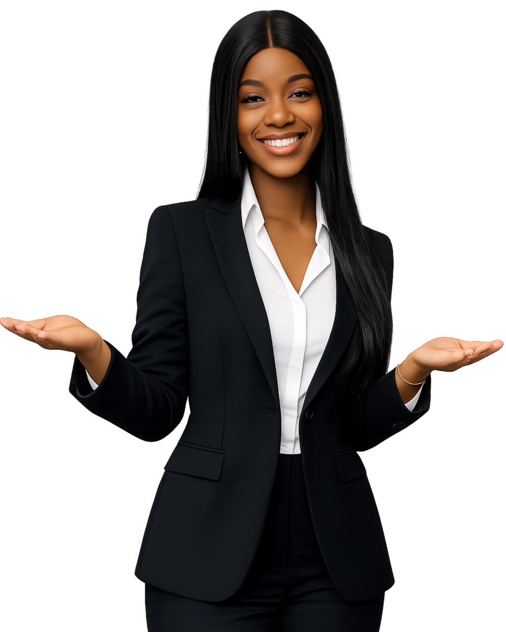 Femme d'affaires souriante portant un costume noir avec une chemise blanche, mains ouvertes en gesture d'incertitude ou d'explication