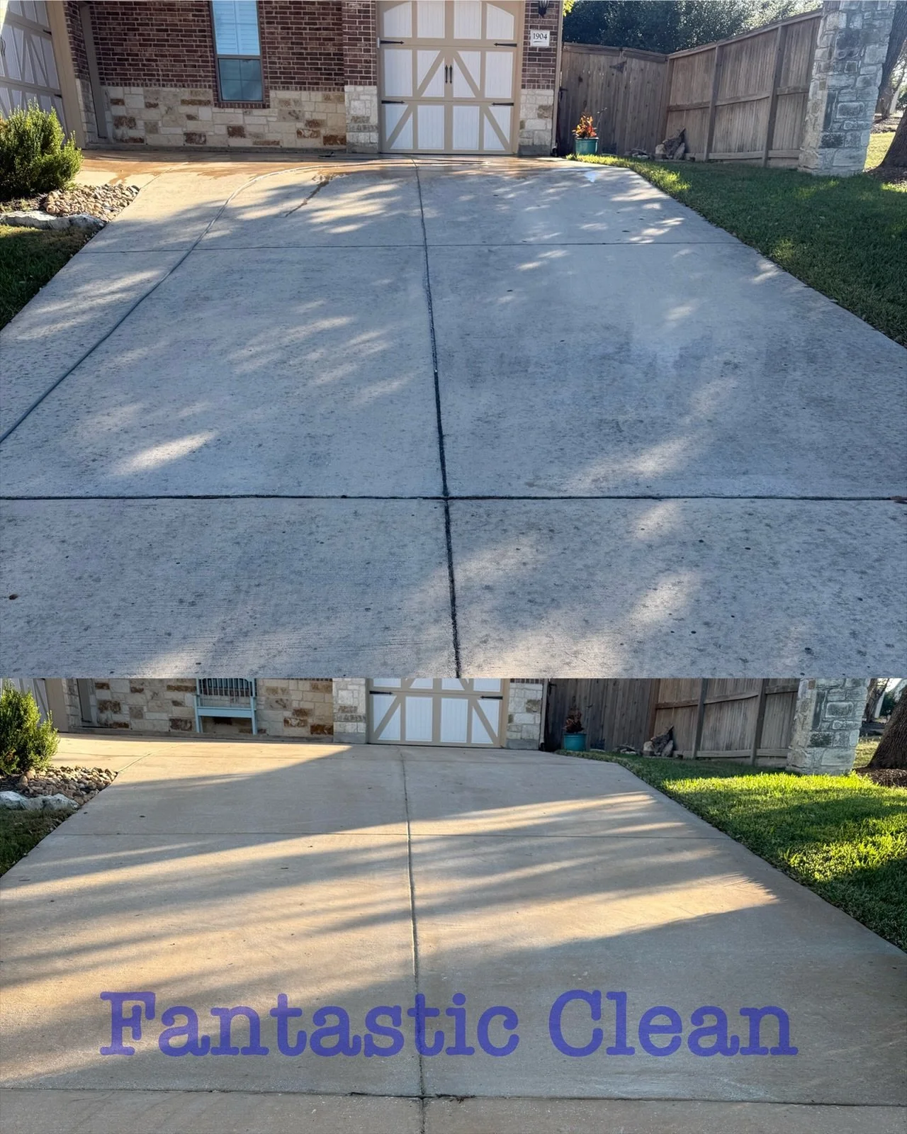 Comparison of two driveway cleaning results. The top shows a stained, dirty driveway, while the bottom shows the same driveway after cleaning, labeled "Fantastic Clean".