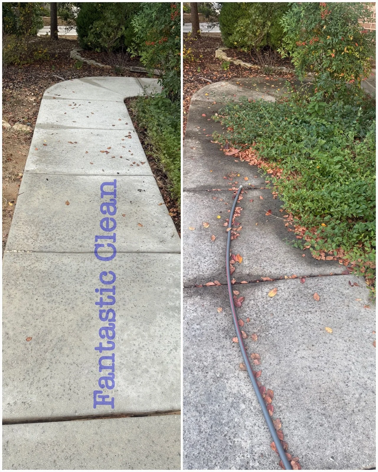 Comparison of a sidewalk with a message written on it and the same sidewalk with a garden hose lying across it, with bushes and trees on the sides.