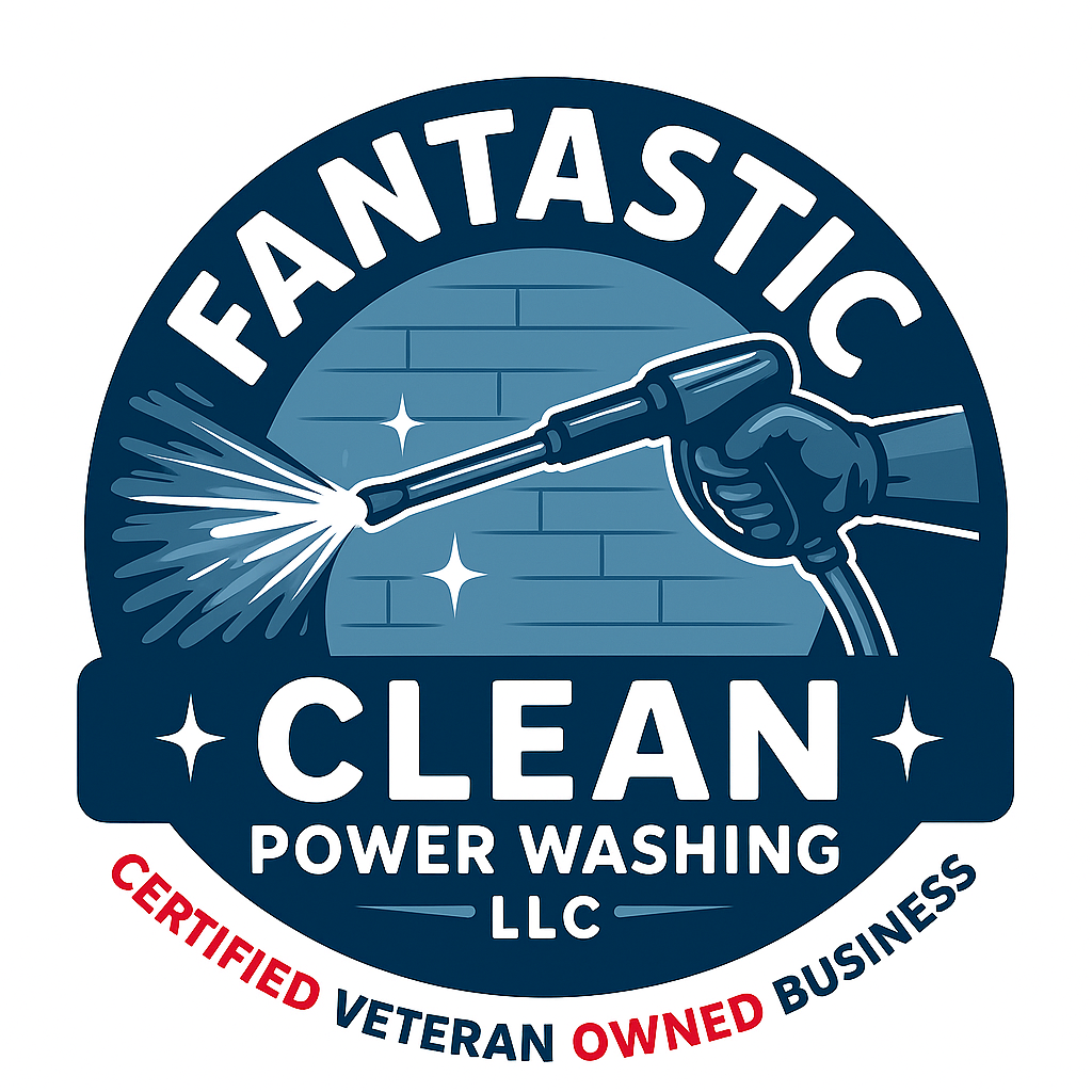 A circular logo for a cleaning business called 'Fantastic Clean Power Washing LLC' featuring a hand holding a power washer spray nozzle cleaning a brick wall, with stars and sparkles, and text indicating it is a certified, veteran owned business.