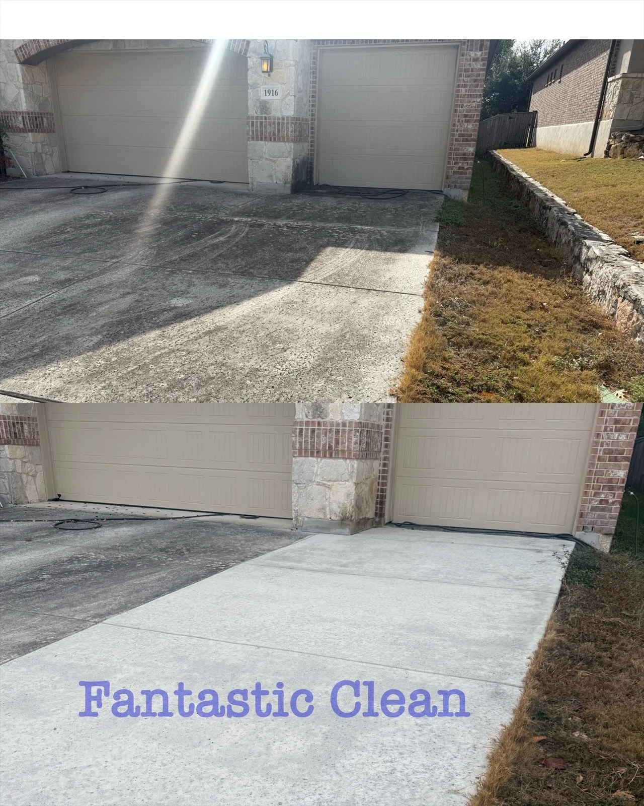 Comparison of a concrete driveway before and after cleaning, with the words "Fantastic Clean" in purple text at the bottom.
