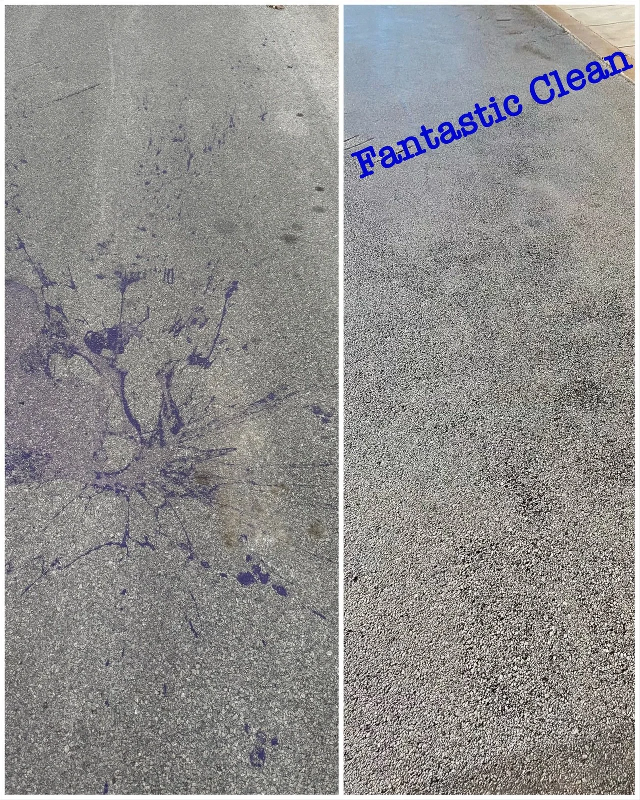 Before and After picture of an unknown purple substance that stained the asphalt.  After picture shows the purple stain is no longer there.