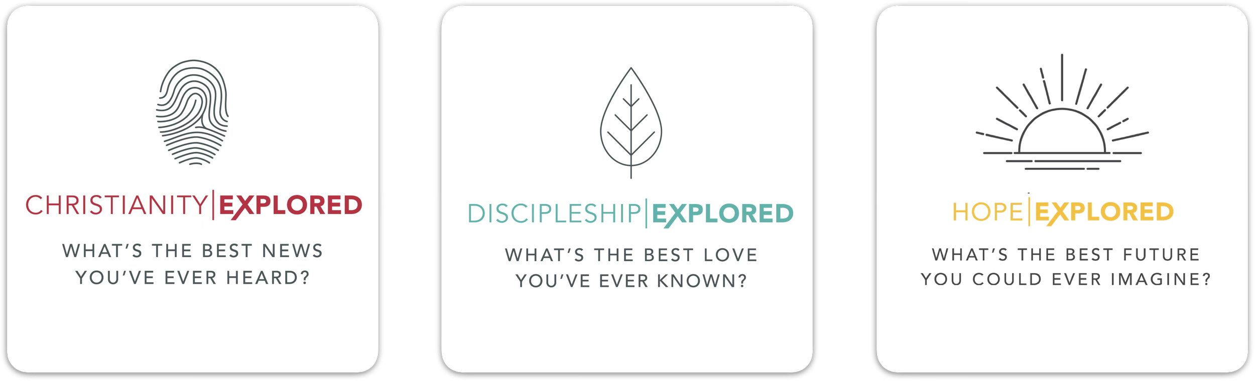 Three panels with text and icons: first panel has a fingerprint icon with the words 'Christianity Explored' and the question 'What's the best news you've ever heard?'; second panel has a leaf icon with the words 'Discipleship Explored' and the question 'What's the best love you've ever known?'; third panel has a sunrise icon with the words 'Hope Explored' and the question 'What's the best future you could ever imagine?'
