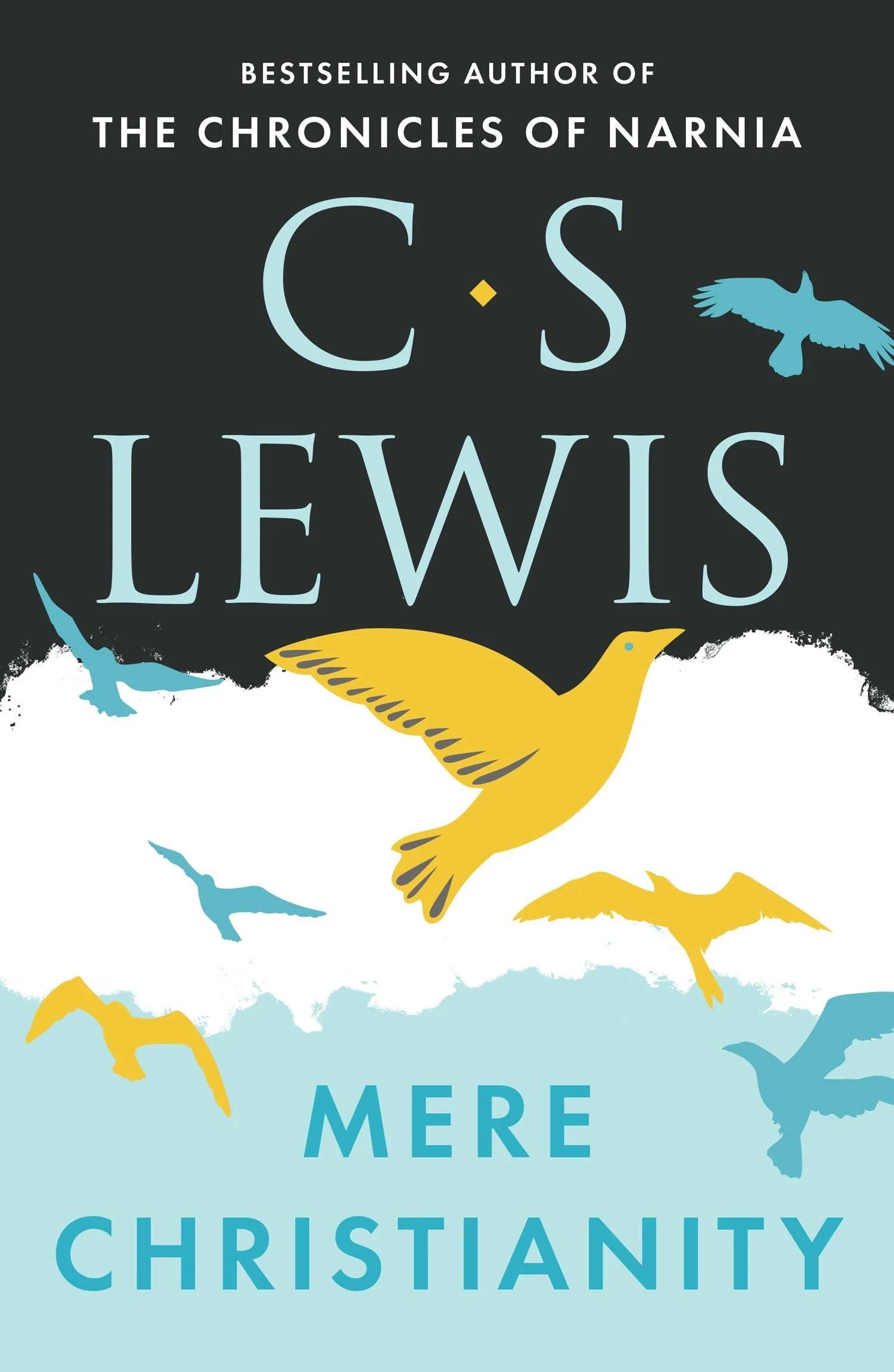 Book cover titled 'Mere Christianity' by C.S. Lewis, featuring illustrations of flying birds in shades of blue and yellow on a dark and light background.