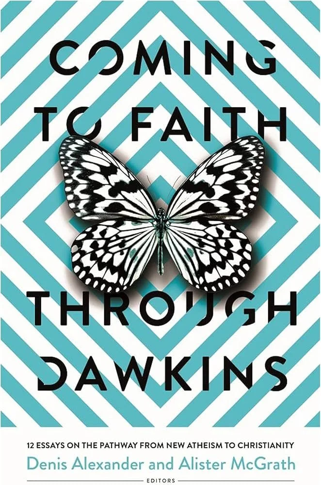 Book cover with a black and white butterfly, blue geometric background, and the title 'Coming to Faith Through Dawkins' by Denis Alexander and Alister McGrath.