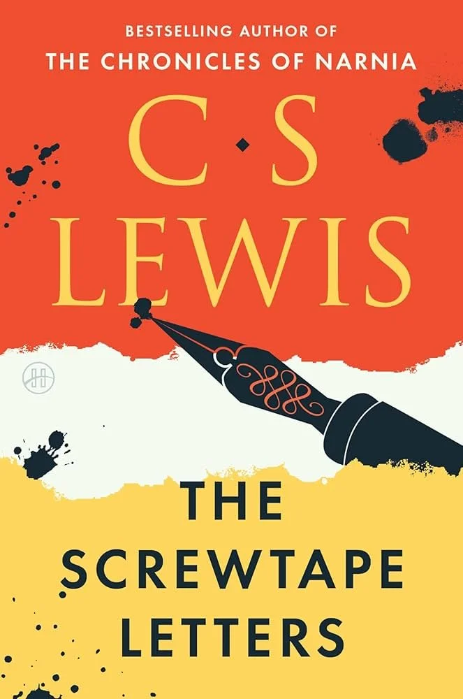 Book cover for 'The Screw tape Letters' by C. S. Lewis, featuring a red and yellow background, black ink splatters, and an illustration of a fountain pen.