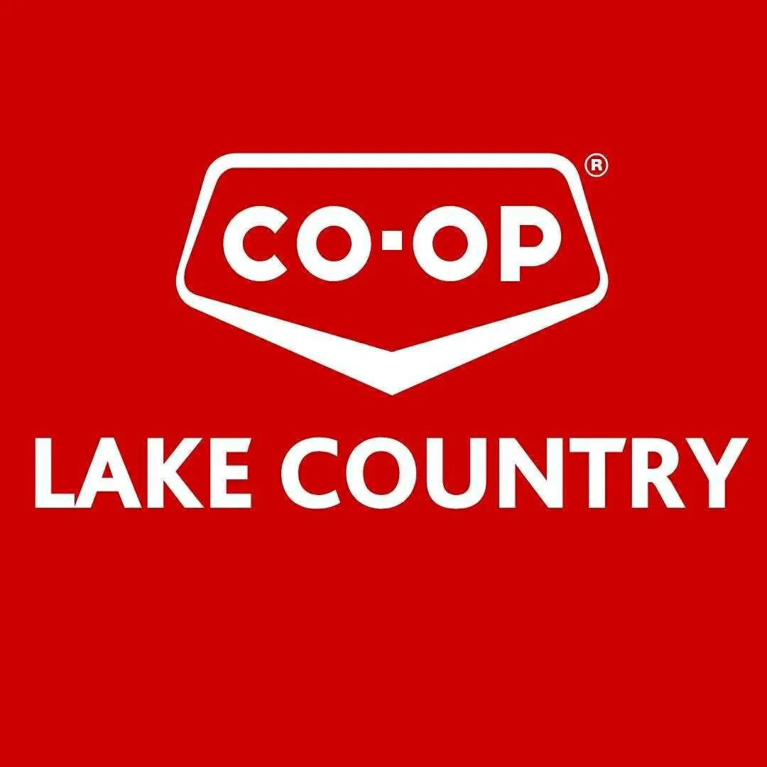 Red background with white text and logo for Coop Lake Country.
