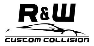 Logo of R&W Cuscom Collision featuring stylized text and a sleek car graphic
