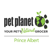 Logo for Pet Planet, a natural pet grocery store, with Earth globe and leaf, labeled 'Prince Albert'