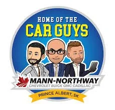 Logo with blue background featuring three men in suits, the text 'Home of the Car Guys' and the dealership name 'Mann-Okawaty Chevrolet Buick GMC Cadillac' with a maple leaf and 'Prince Albert, SK'