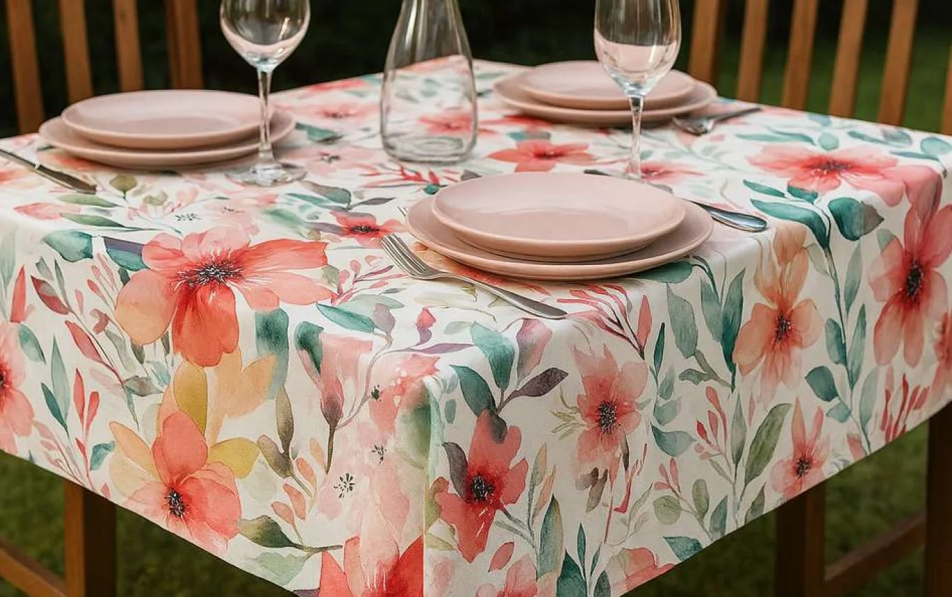Floral Vinyl Tablecloth lifestyle image. Colors Pink and green