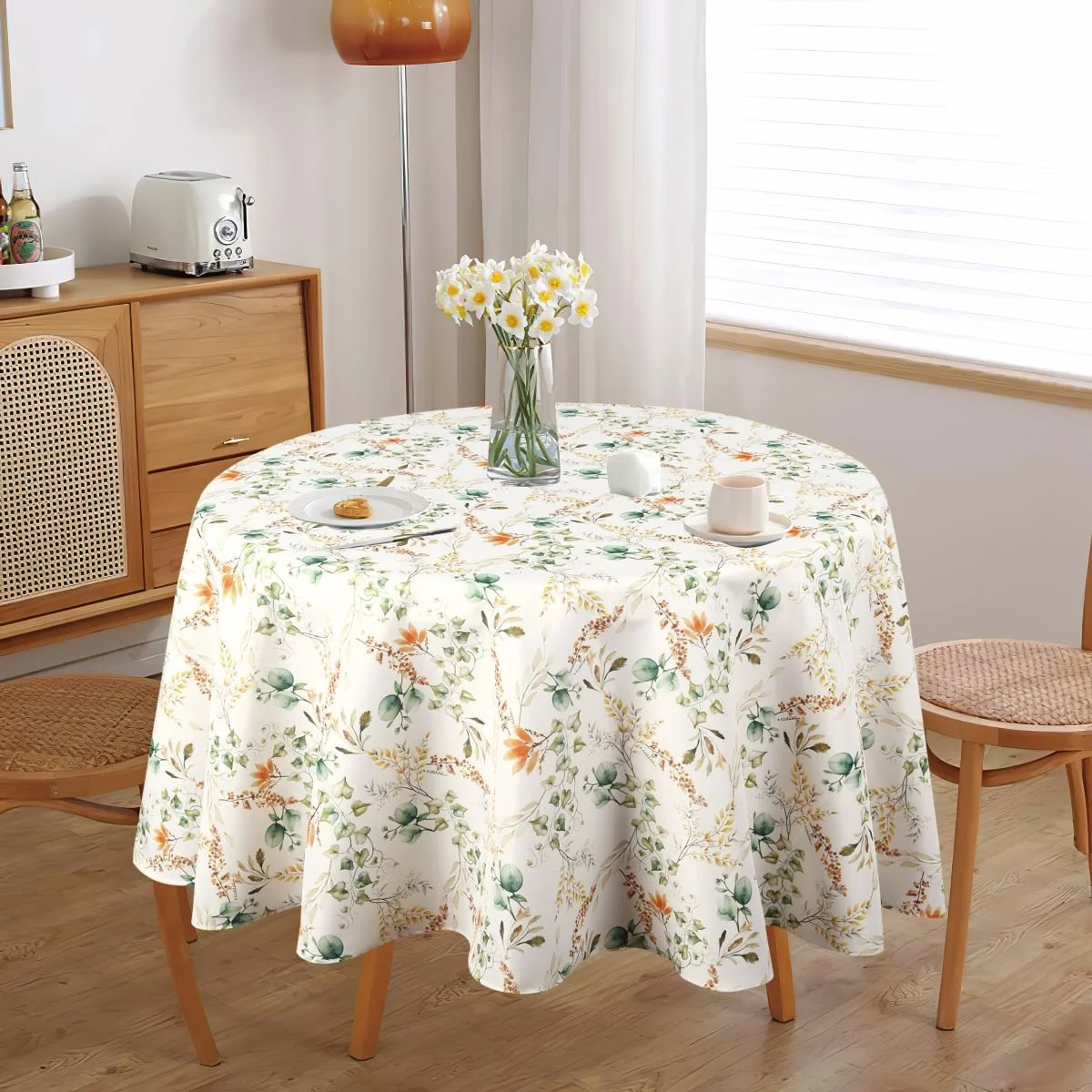 Bloomery Round Tablecloth Lifestyle image. Fall design, orange color accents.