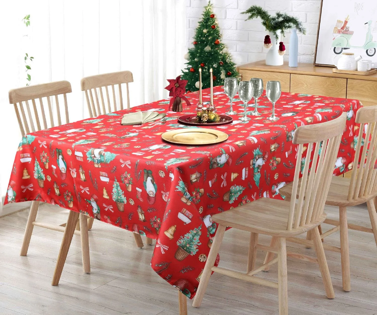 Gnomes easy care tablecloth lifestyle image. Color red
