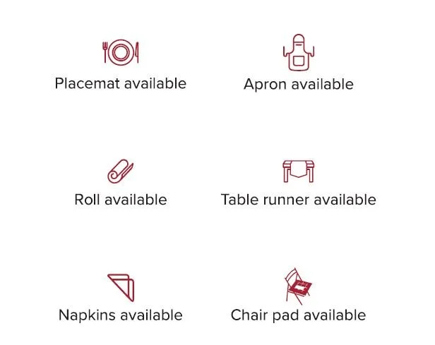 pictogram legend. placemats, aprons, rolls napkins available