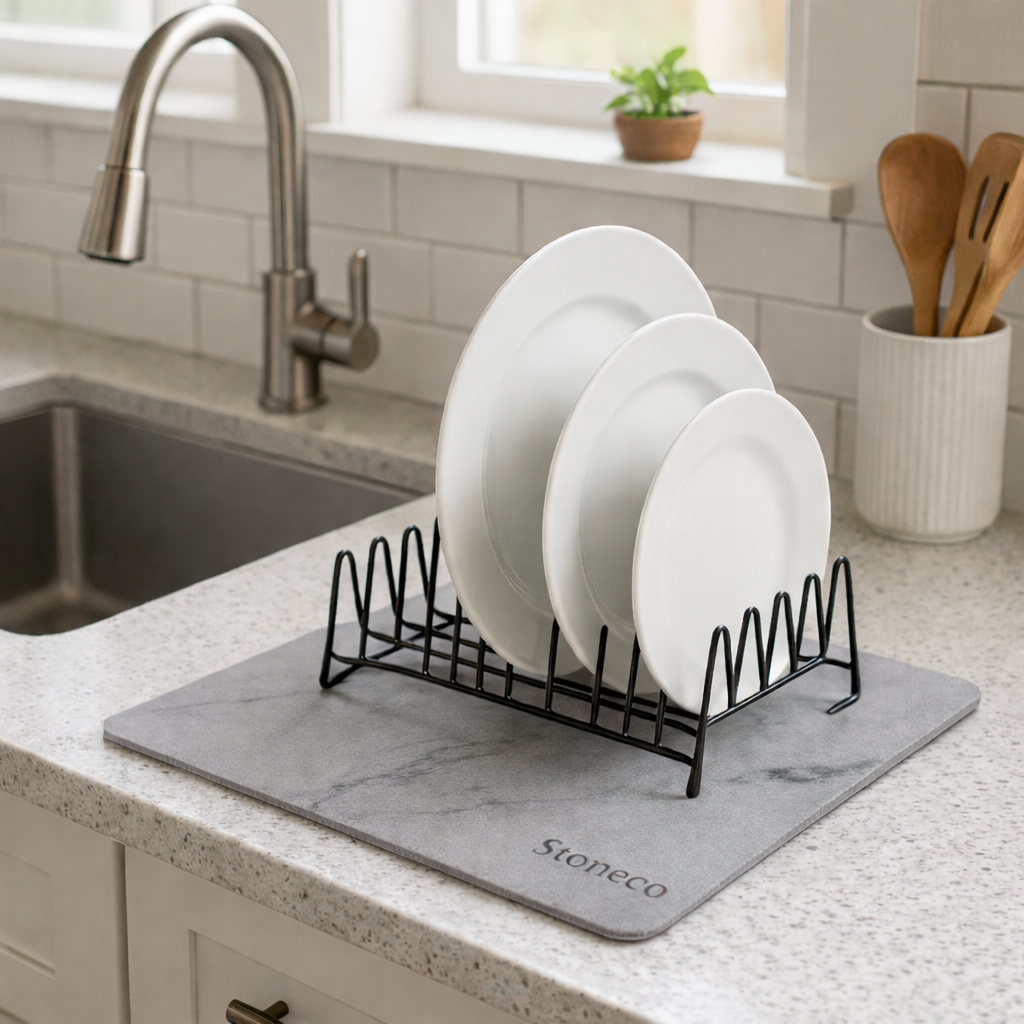 Stoneco stone dish drying mat lifestyle image. Diatomite drying mat