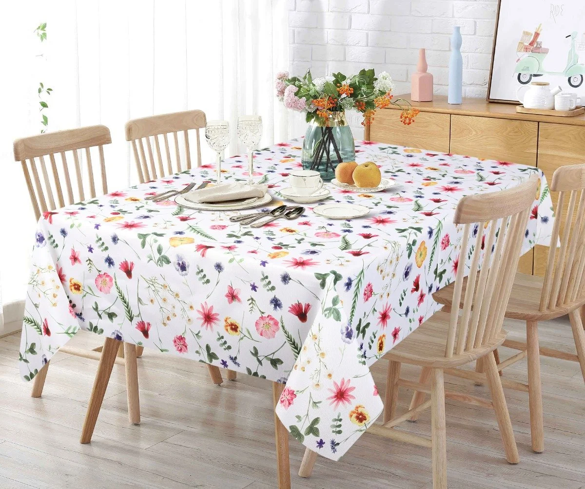 Easy Care Tablecloth Lifestyle Image. Design: Flower Garden. - Multi. Floral, pink, blue and green accents. Top-seller