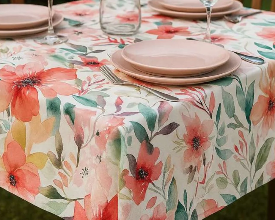 Vinyl Tablecloth - made in Italy. Floral print - Pink Color.