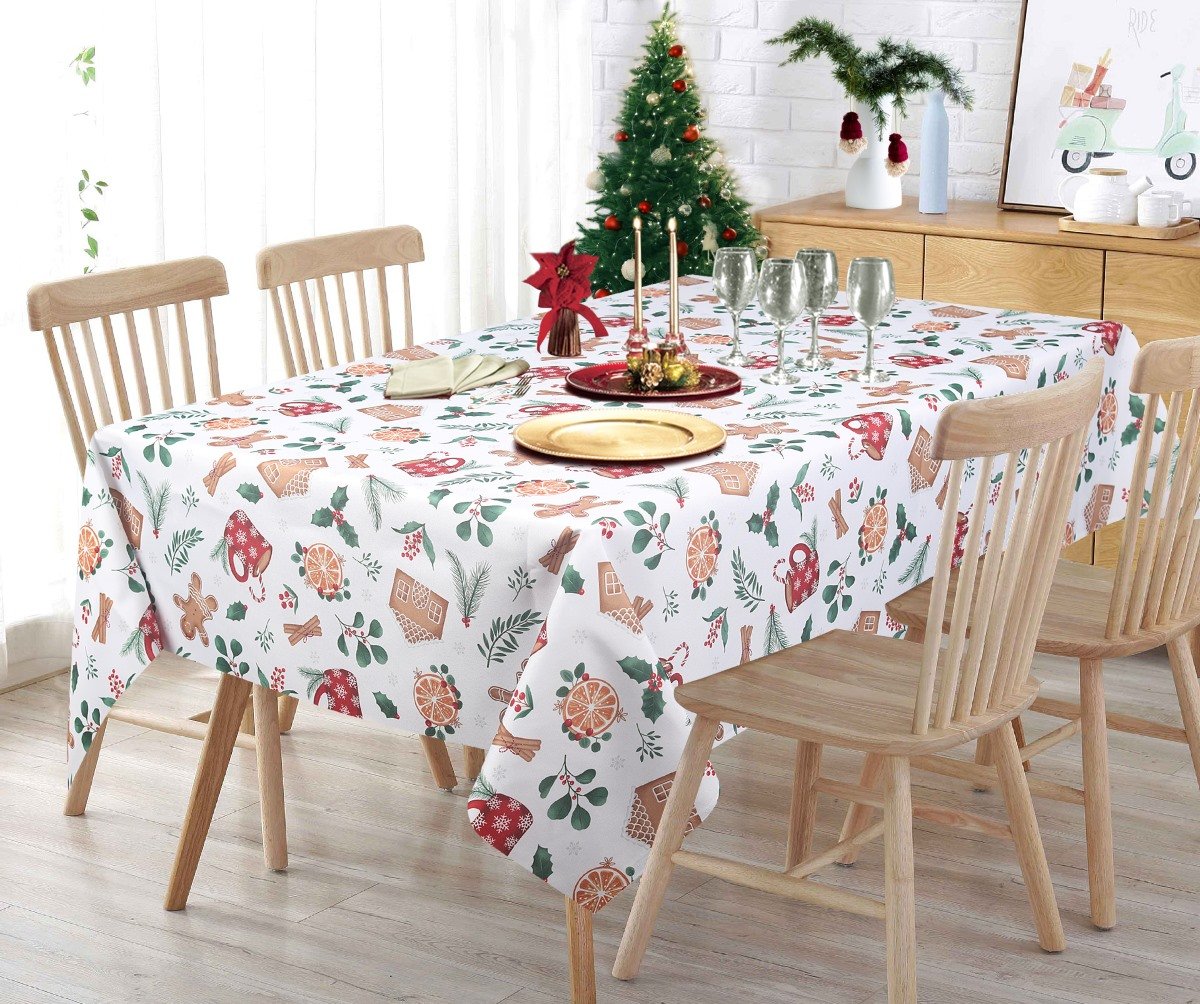 Christmas Easy-Care Tablecloth lifestyle image. Gingerbread men and candy canes