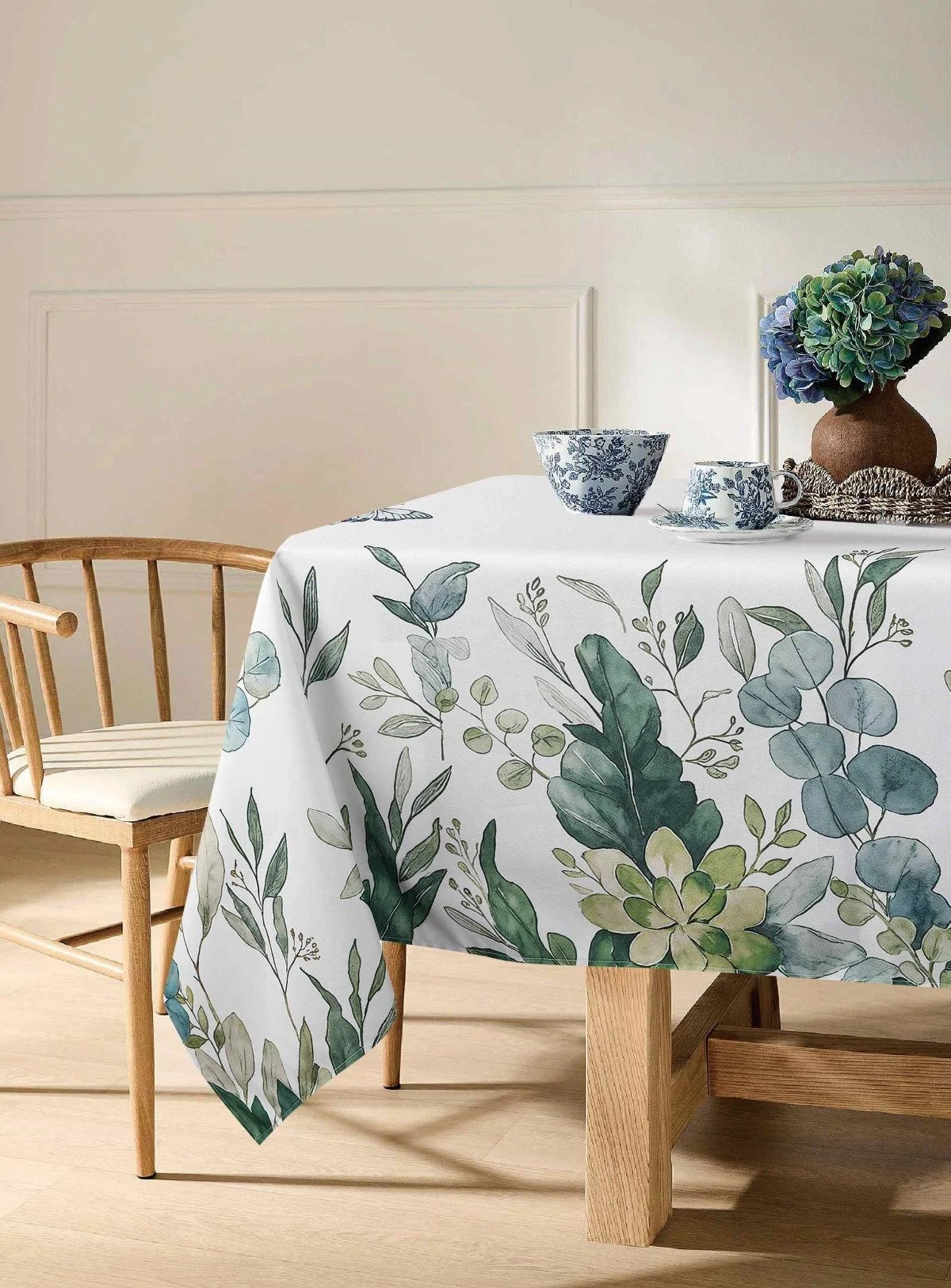 Easy Care Tablecloth Lifestyle Image. Design: Garden Whisper - Green. Foliage/Leafy Design.