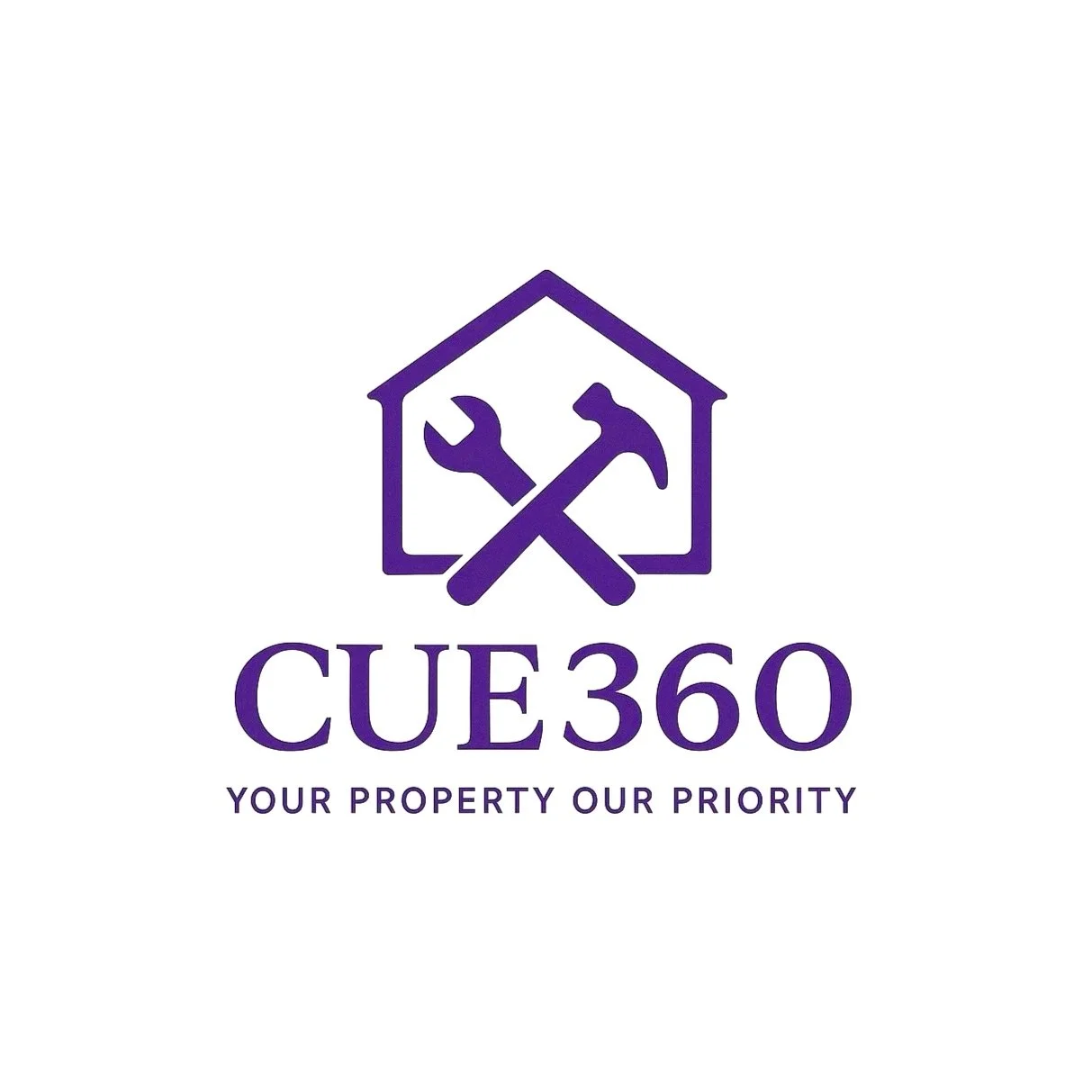 Logo for CUE360 featuring a house outline with a wrench and hammer crossed inside, and the slogan 'Your Property Our Priority' beneath.