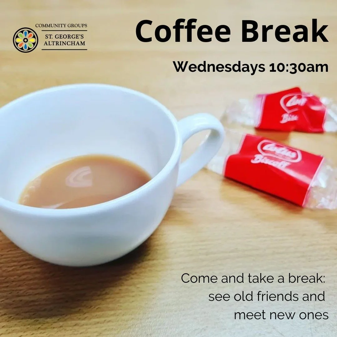 Looking for a friendly face and a good conversation?

Every Wednesday, following our morning Eucharist, we gather for Coffee Break.

It's a chance to meet others, enjoy a drink and spend some time in good company.

Some people come every week.
Others