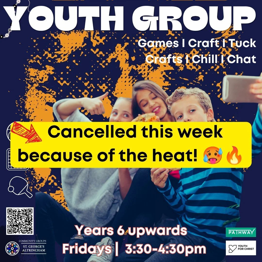 Rah, rah!

We're really sorry but we're going to have to cancel Pathway Youth Group tomorrow because of the heat.

It's forecast to be 34 degrees, and as the Parish Centre is designed with lots of windows to let in the light, it's likely to be hotter