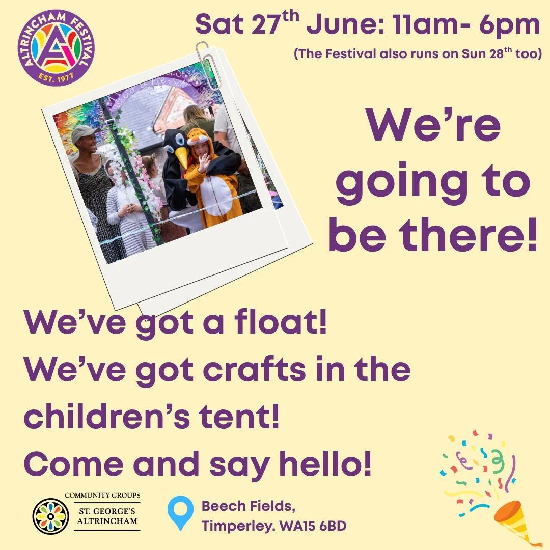 We are getting seriously excited about this! 

Come and find us at Altrincham Festival tomorrow where, after taking part in the float parade we, along with the Methodist church, will be in the Children's tent with free craft activities for children! 