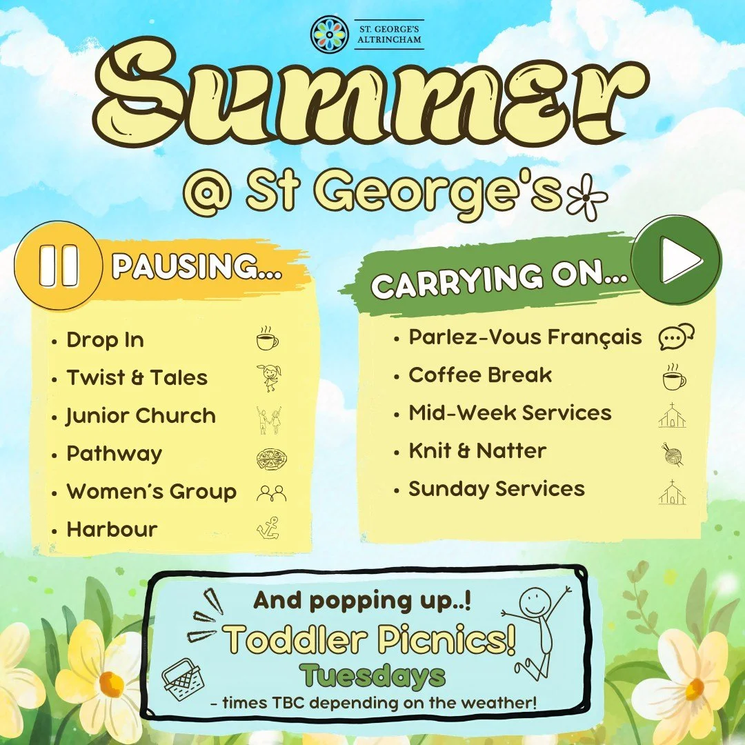 Evening - hope you've had a good weekend?

We're now in our 'summer holiday' season where some of our groups are taking a well earned rest.

So here's what carrying on, and which is pausing - all back up and running from Sunday 6th September!