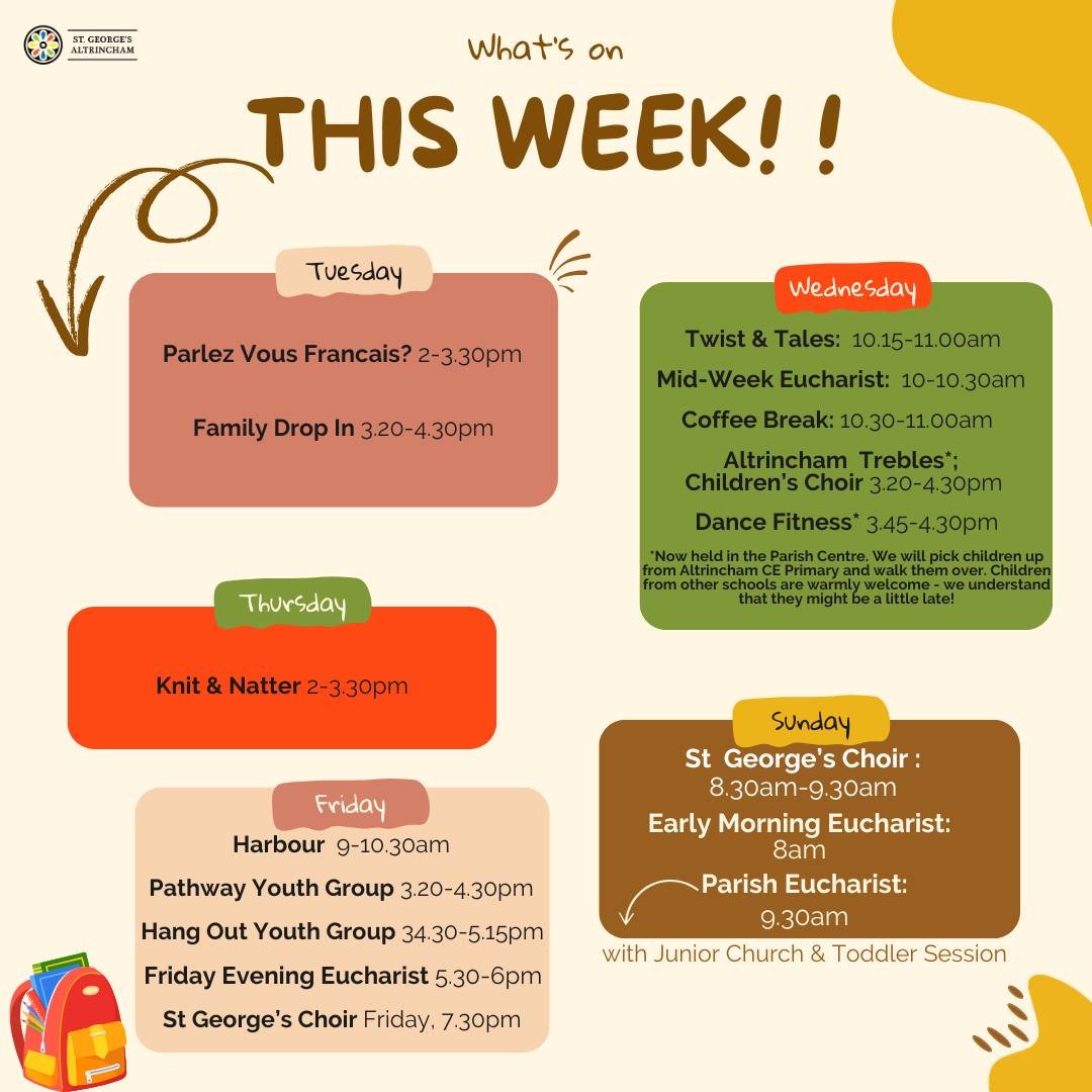 This week all our groups are up and running - why not come and be a part of it all?!

More information here:
https://www.stgeorgesaltrincham.org/